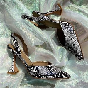 Black and white snake skin print heels